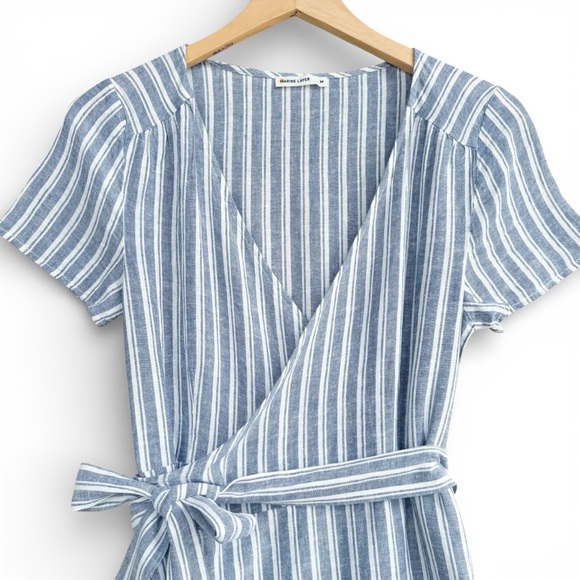 Marine Layer Frances Wrap Dress Blue Stripe White Linen Blend Tie Waist Womens M - Picture 3 of 13